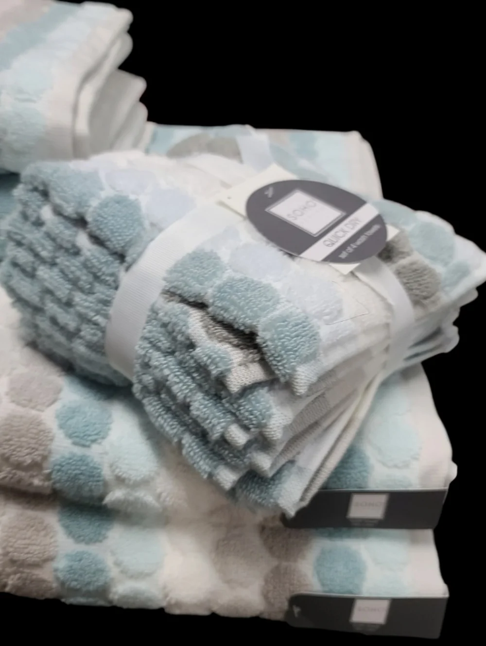 8pc Soho Living Bath Hand Washcloth Striped Dot Aqua Blue Gray Towel Set New